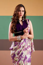 Vastranavya Purple Satin Silk Floral Printed Saree with Stitched Blouse | Grocsy