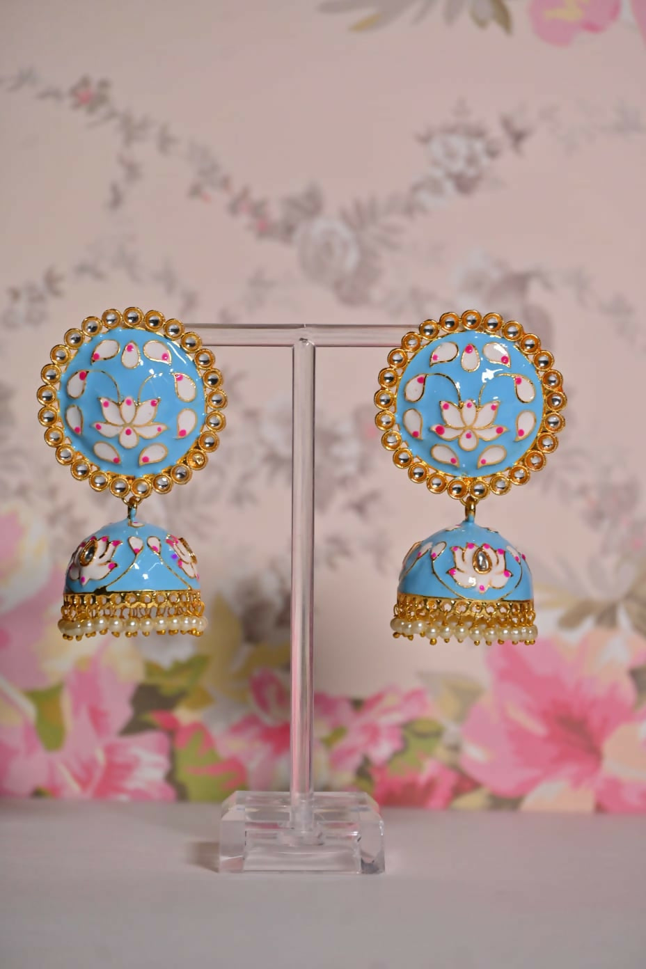 Sky Blue Round Shape Ethnic Meenakari Jhumki Earrings By House of Ree - Swadesiicart