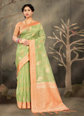 Light Green Cotton Zari Woven Design Saree with Unstitched Blouse Piece - Aachal | Grocsy
