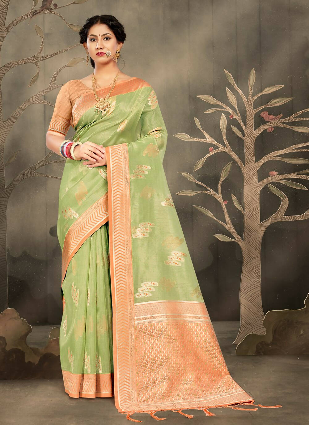 Light Green Cotton Zari Woven Design Saree with Unstitched Blouse Piece - Aachal | Grocsy