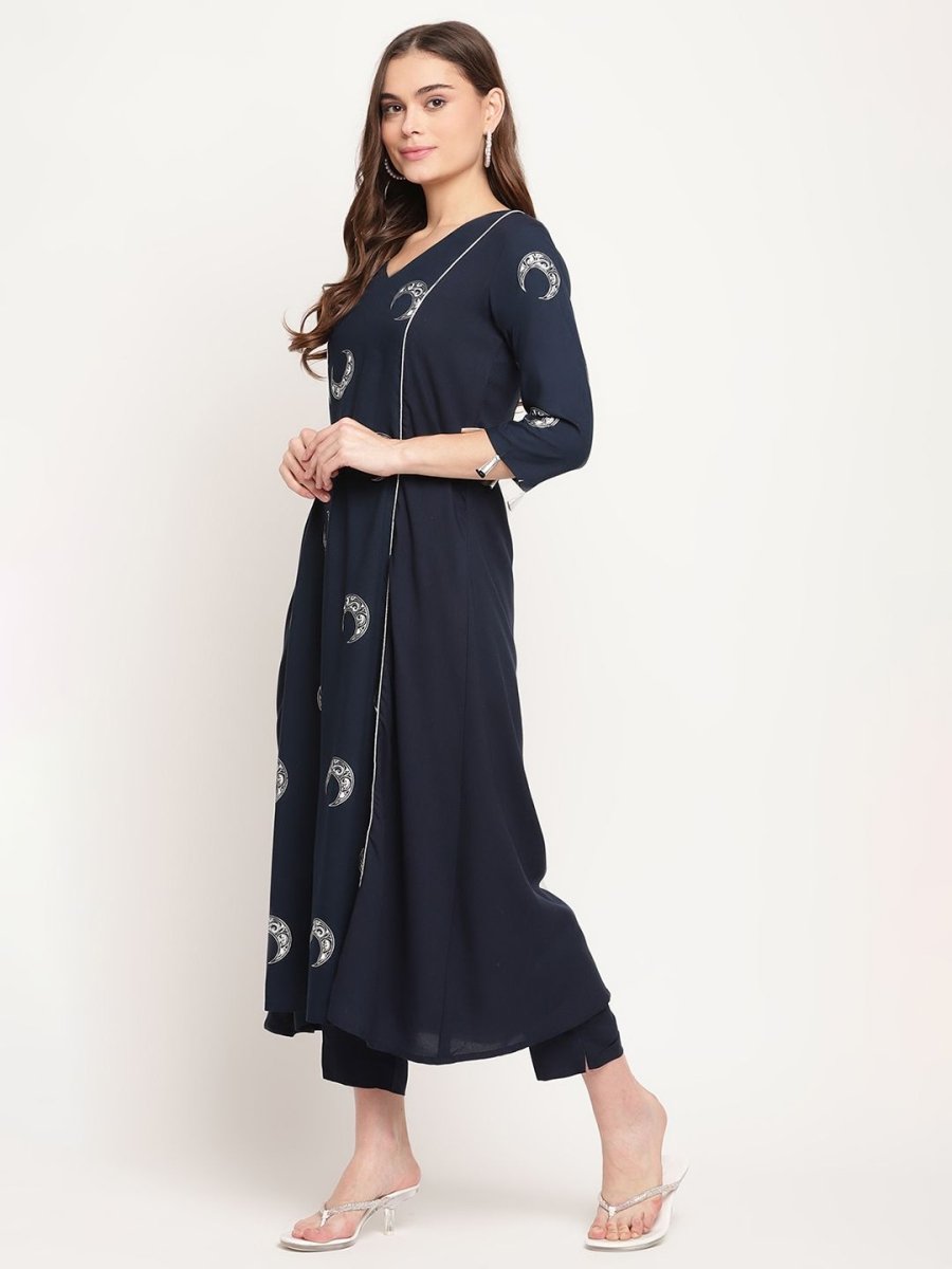 Ahalyaa Women's Navy Blue Rayon Foil & Khari Print Kurta Trouser Set | Grocsy