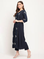 Ahalyaa Women's Navy Blue Rayon Foil & Khari Print Kurta Trouser Set | Grocsy