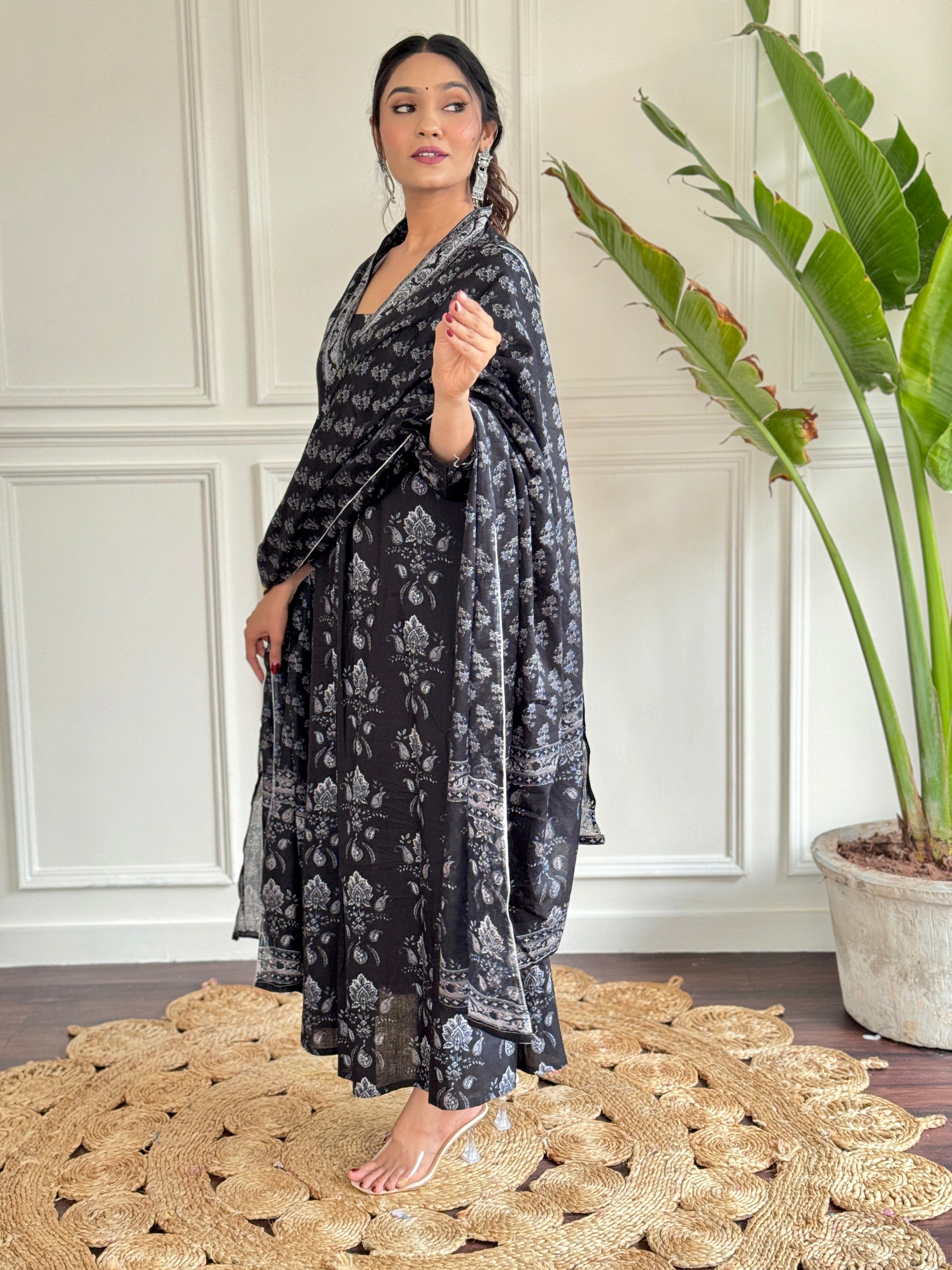Teeya Creation Black Colour Pure Cotton Digital Print Fully Stitched Kurti Set | Grocsy