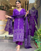 The52 Silk Blend Printed Fabric work Straight cut Kurta, Pant and Dupatta Set | Grocsy