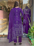 The52 Silk Blend Printed Fabric work Straight cut Kurta, Pant and Dupatta Set | Grocsy