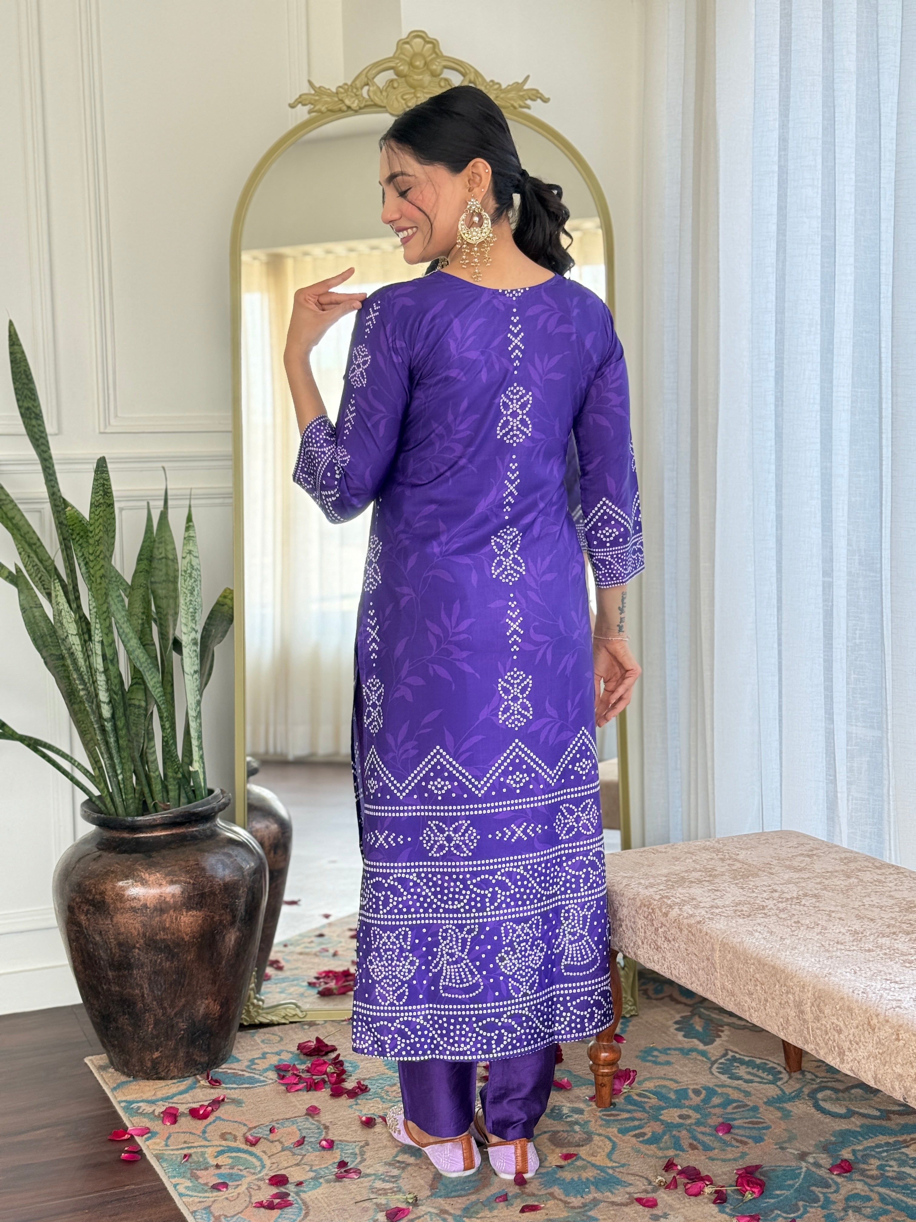 Teeya Creation Purple Colour French Crepe Digital Print With Embroidery Work Fully Stitched Kurti Set | Grocsy