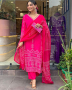 The52 Silk Blend Printed Fabric work Straight cut Kurta, Pant and Dupatta Set | Grocsy