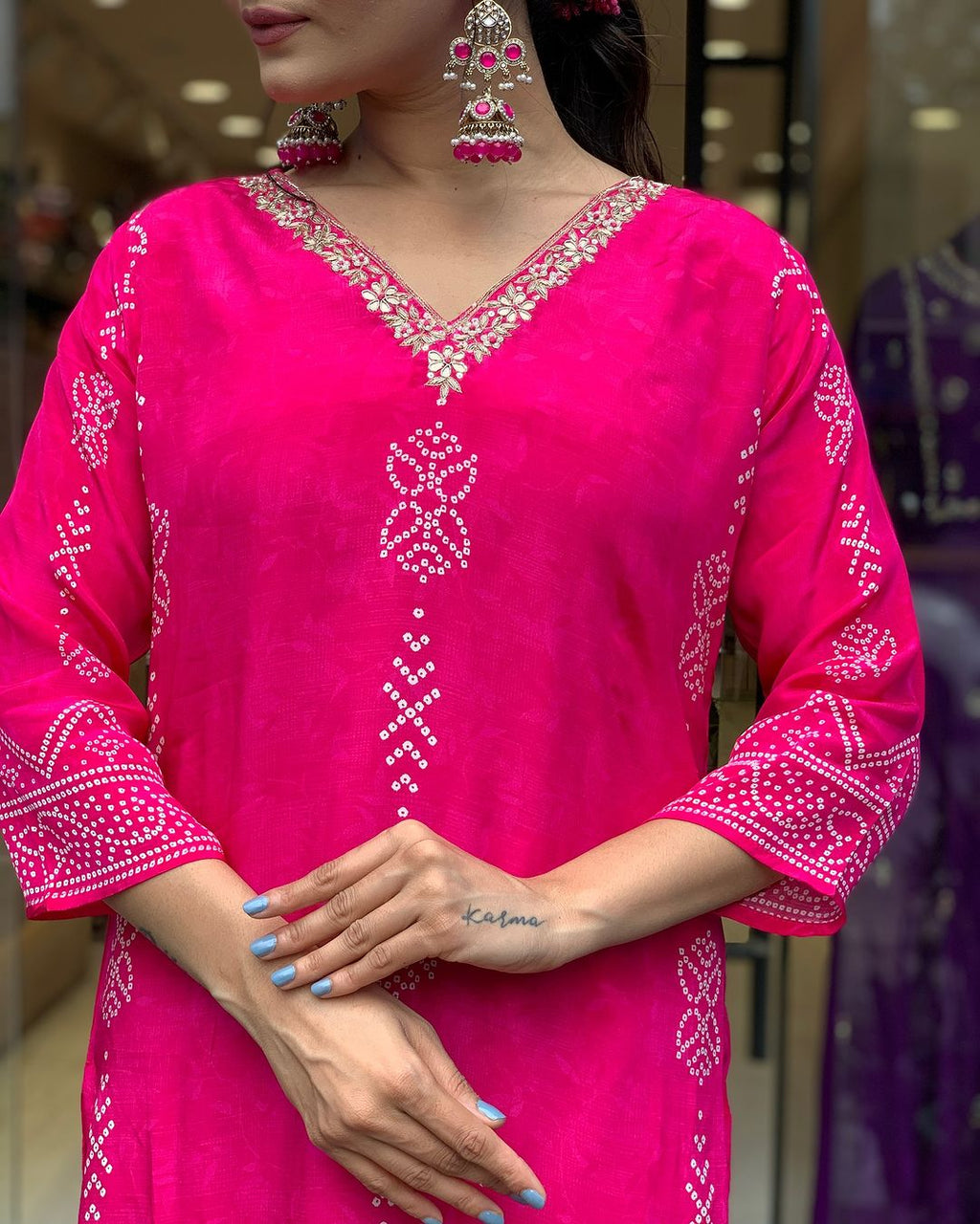 The52 Silk Blend Printed Fabric work Straight cut Kurta, Pant and Dupatta Set | Grocsy