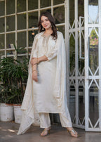 The52 Beautiful Embroidered Viscose Chanderi Fabric Straight Kurta, Pant and Dupatta Set | Grocsy