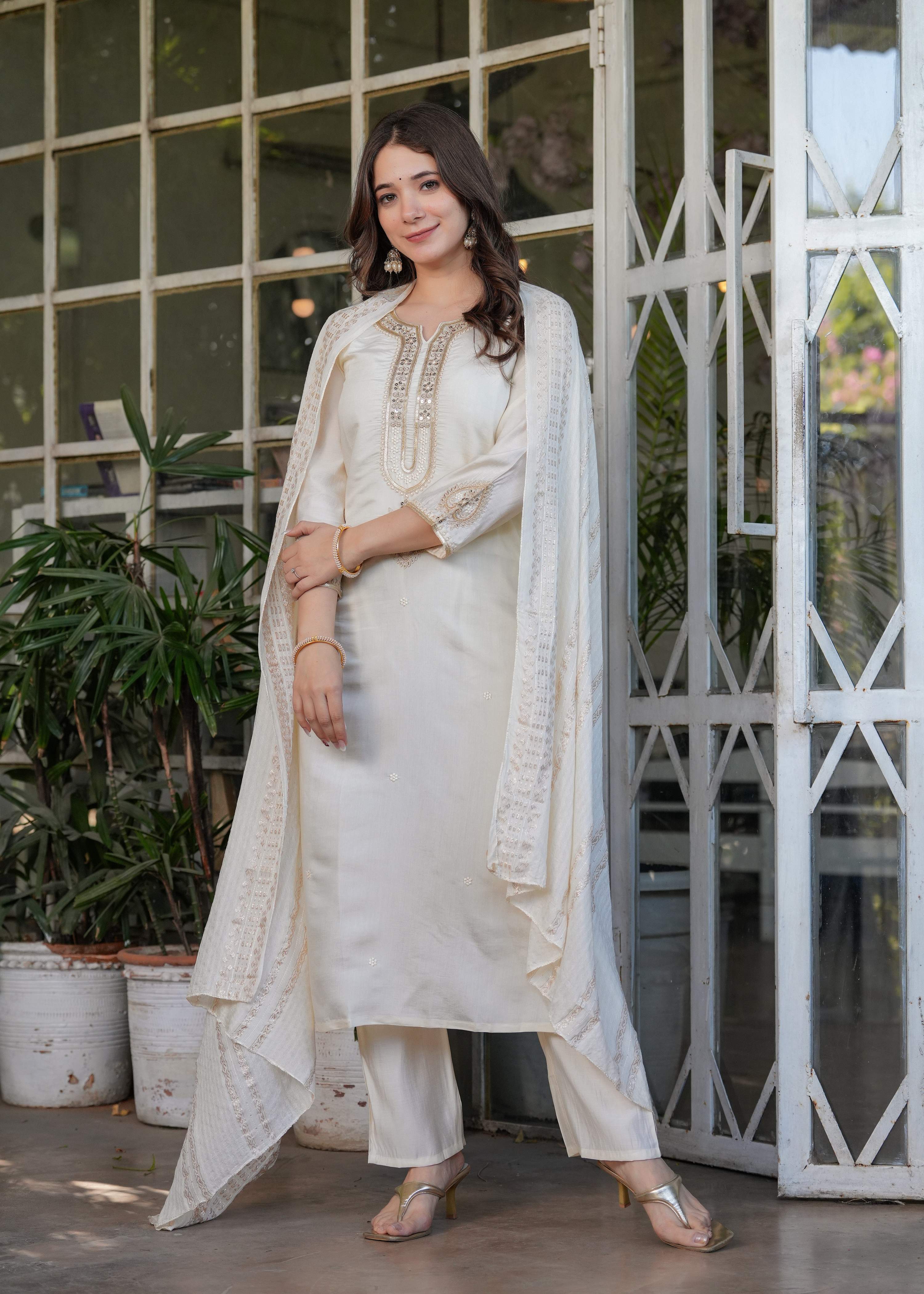 The52 Beautiful Embroidered Viscose Chanderi Fabric Straight Kurta, Pant and Dupatta Set | Grocsy