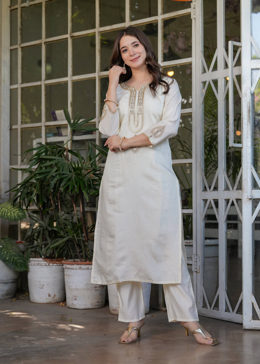 The52 Beautiful Embroidered Viscose Chanderi Fabric Straight Kurta, Pant and Dupatta Set | Grocsy