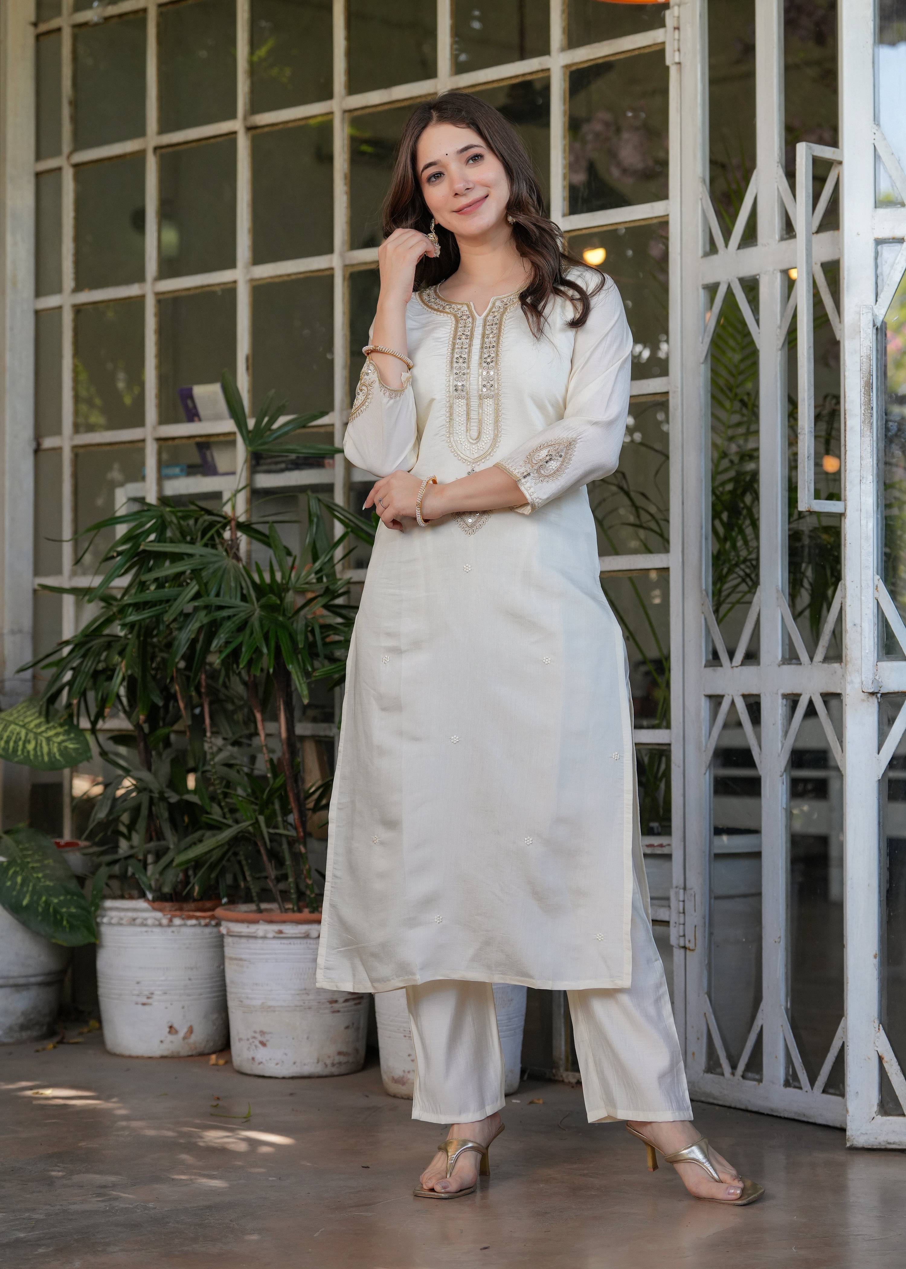 The52 Beautiful Embroidered Viscose Chanderi Fabric Straight Kurta, Pant and Dupatta Set | Grocsy