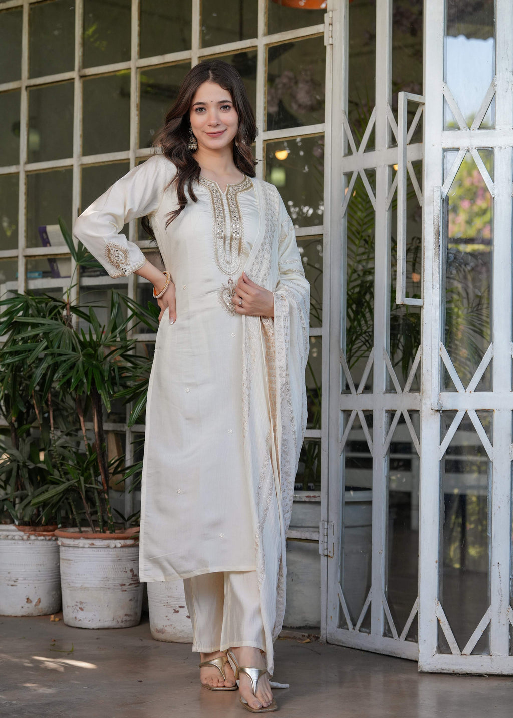 The52 Beautiful Embroidered Viscose Chanderi Fabric Straight Kurta, Pant and Dupatta Set | Grocsy