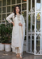 The52 Beautiful Embroidered Viscose Chanderi Fabric Straight Kurta, Pant and Dupatta Set | Grocsy