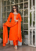 Teeya Creation Orange Color Viscose Chanderi Embroidery Work Fully Stitched Kurti Set | Grocsy