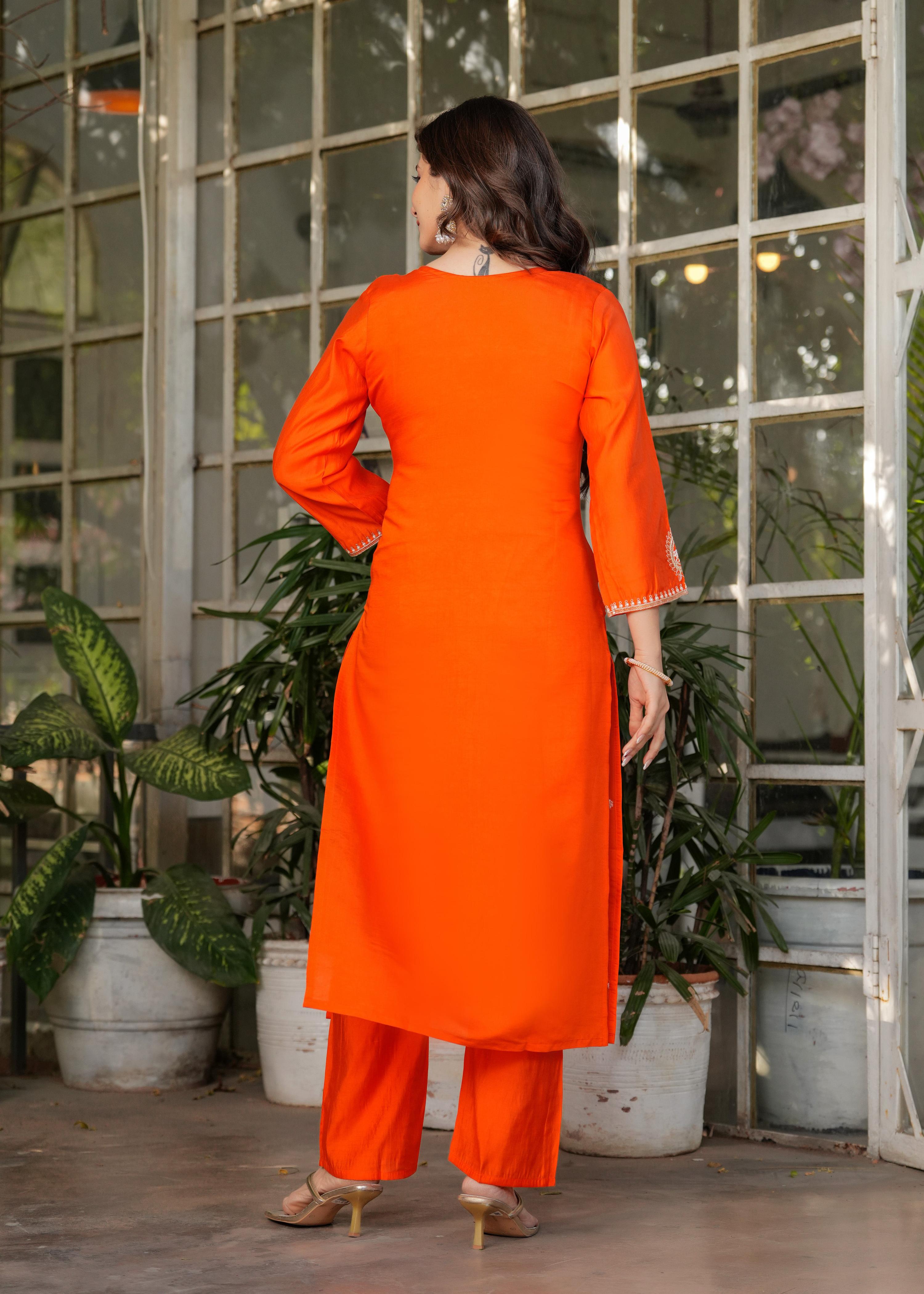 Teeya Creation Orange Color Viscose Chanderi Embroidery Work Fully Stitched Kurti Set | Grocsy