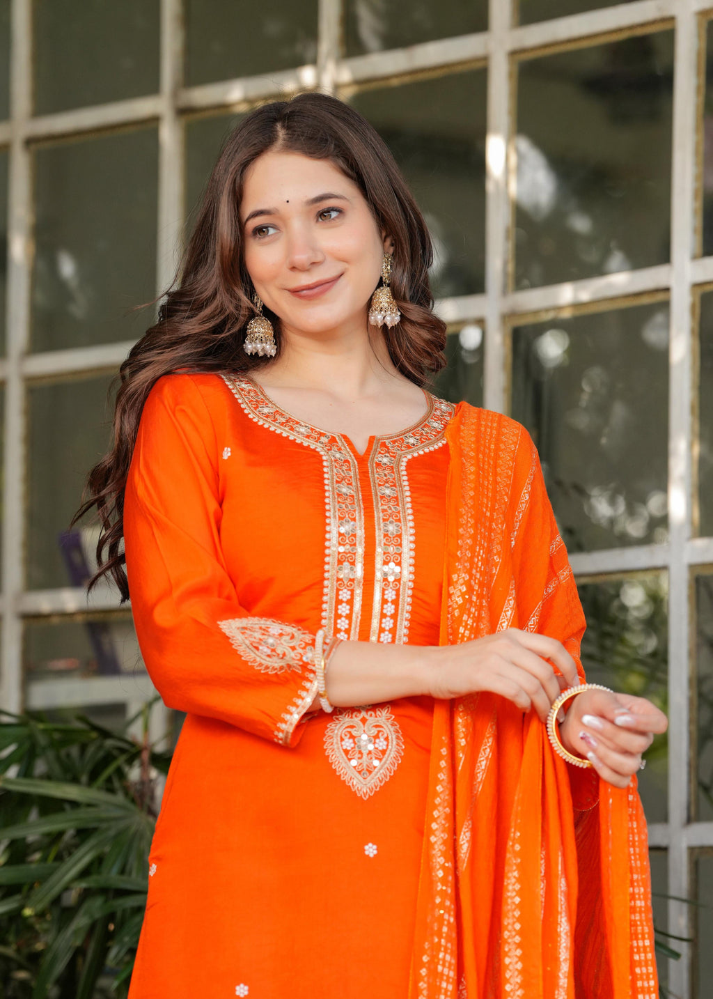 Teeya Creation Orange Color Viscose Chanderi Embroidery Work Fully Stitched Kurti Set | Grocsy