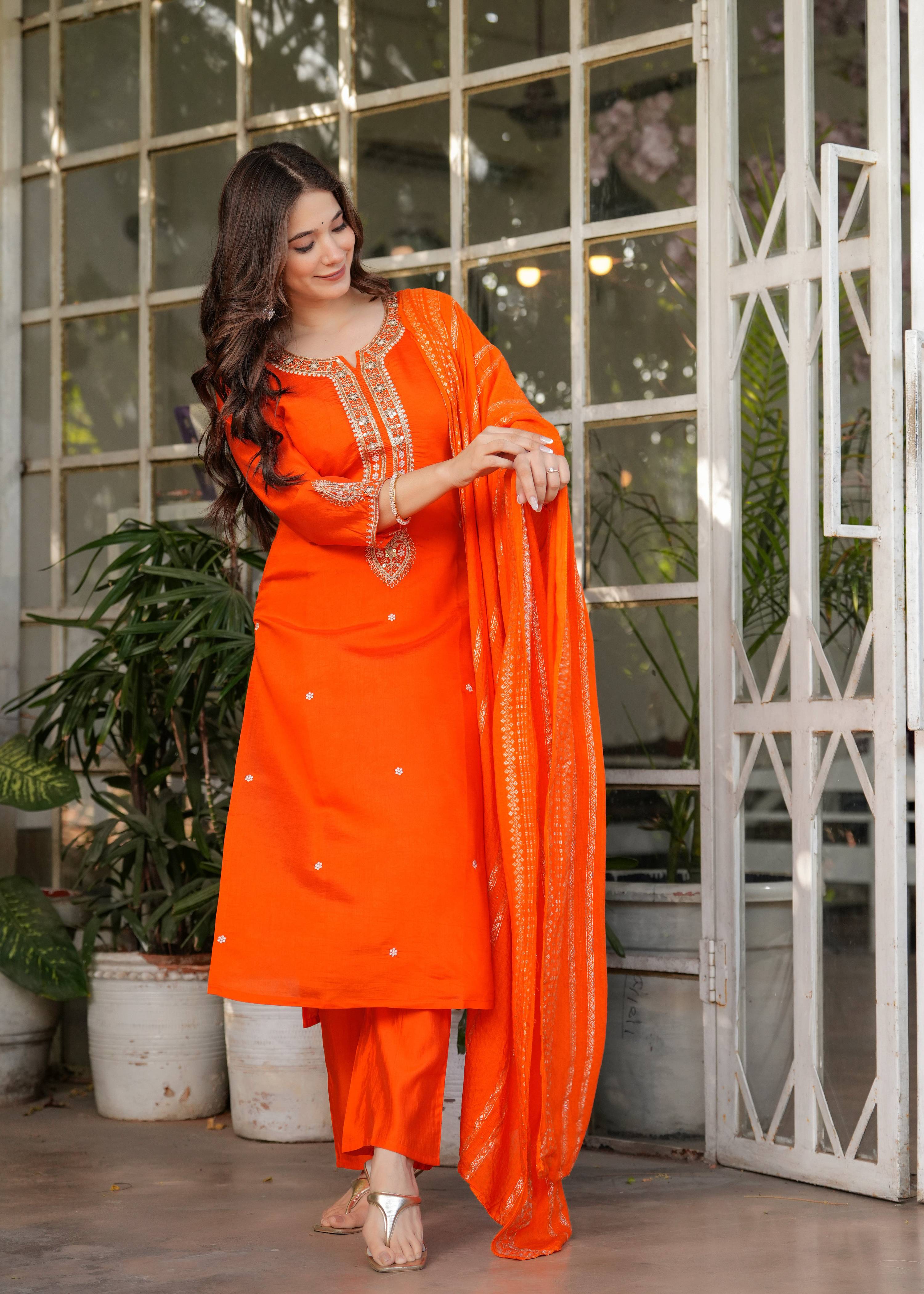 Teeya Creation Orange Color Viscose Chanderi Embroidery Work Fully Stitched Kurti Set | Grocsy