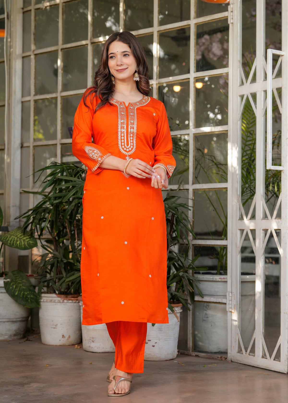 Teeya Creation Orange Color Viscose Chanderi Embroidery Work Fully Stitched Kurti Set | Grocsy
