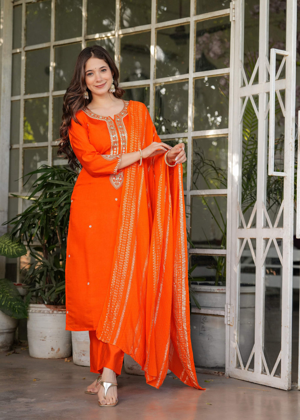 The52 Beautiful Embroidered Viscose Chanderi Fabric Straight Kurta, Pant and Dupatta Set | Grocsy