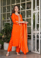 The52 Beautiful Embroidered Viscose Chanderi Fabric Straight Kurta, Pant and Dupatta Set | Grocsy