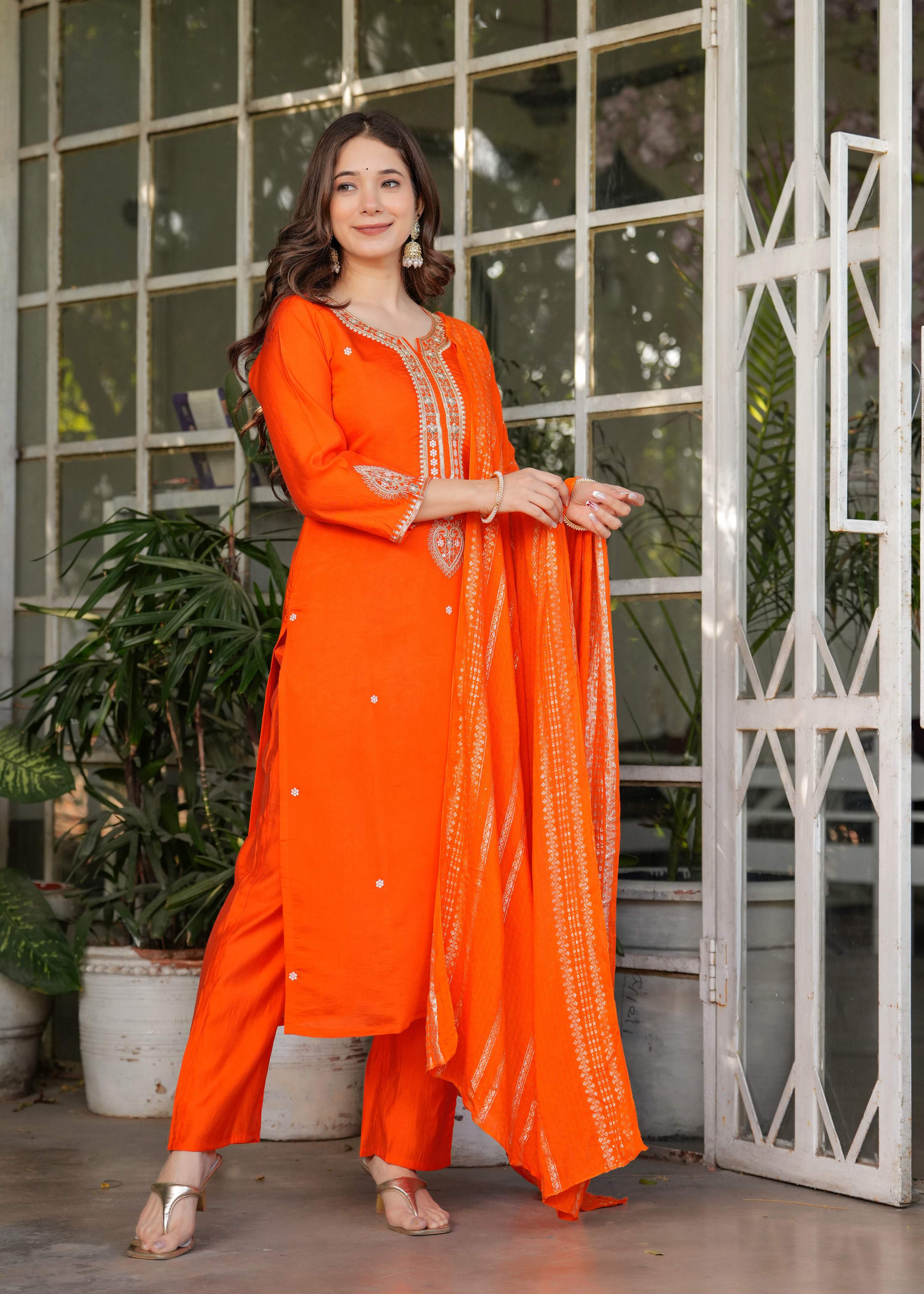 The52 Beautiful Embroidered Viscose Chanderi Fabric Straight Kurta, Pant and Dupatta Set | Grocsy