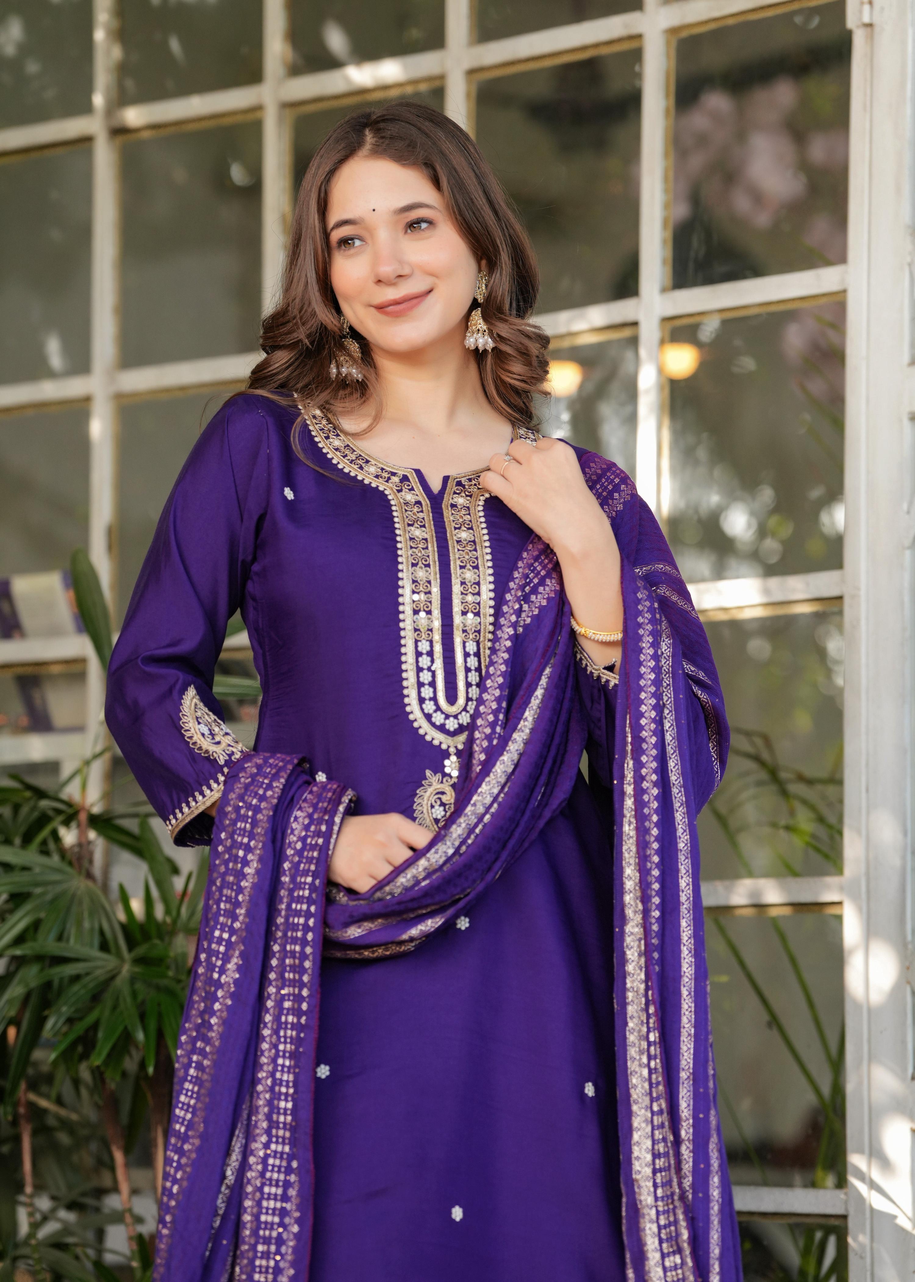 The52 Beautiful Embroidered Viscose Chanderi Fabric Straight Kurta, Pant and Dupatta Set | Grocsy