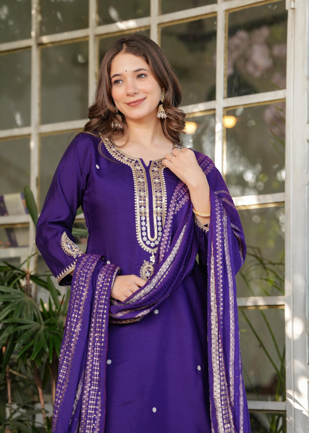The52 Beautiful Embroidered Viscose Chanderi Fabric Straight Kurta, Pant and Dupatta Set | Grocsy