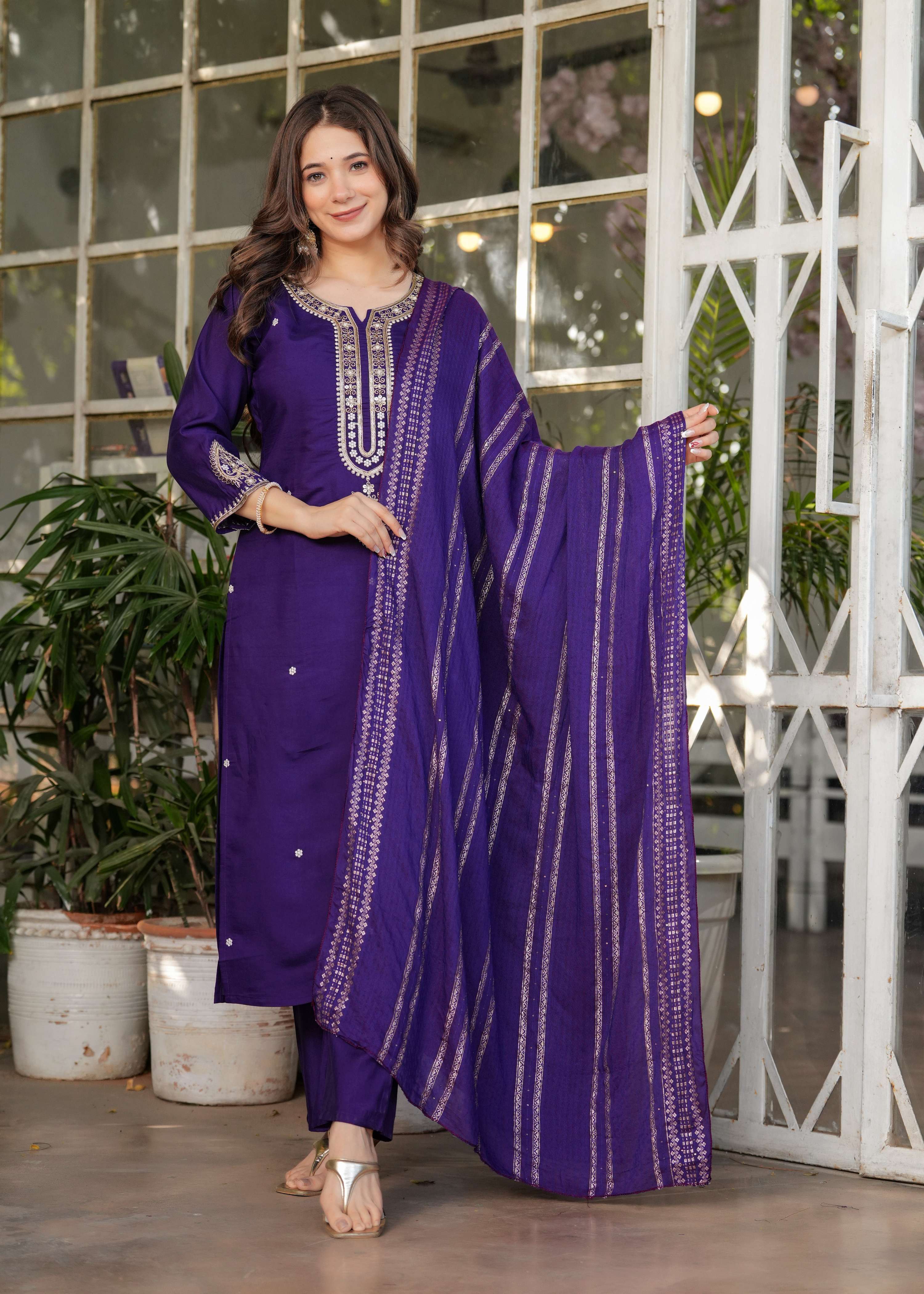 The52 Beautiful Embroidered Viscose Chanderi Fabric Straight Kurta, Pant and Dupatta Set | Grocsy