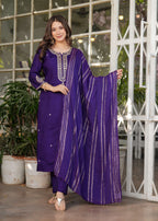 The52 Beautiful Embroidered Viscose Chanderi Fabric Straight Kurta, Pant and Dupatta Set | Grocsy