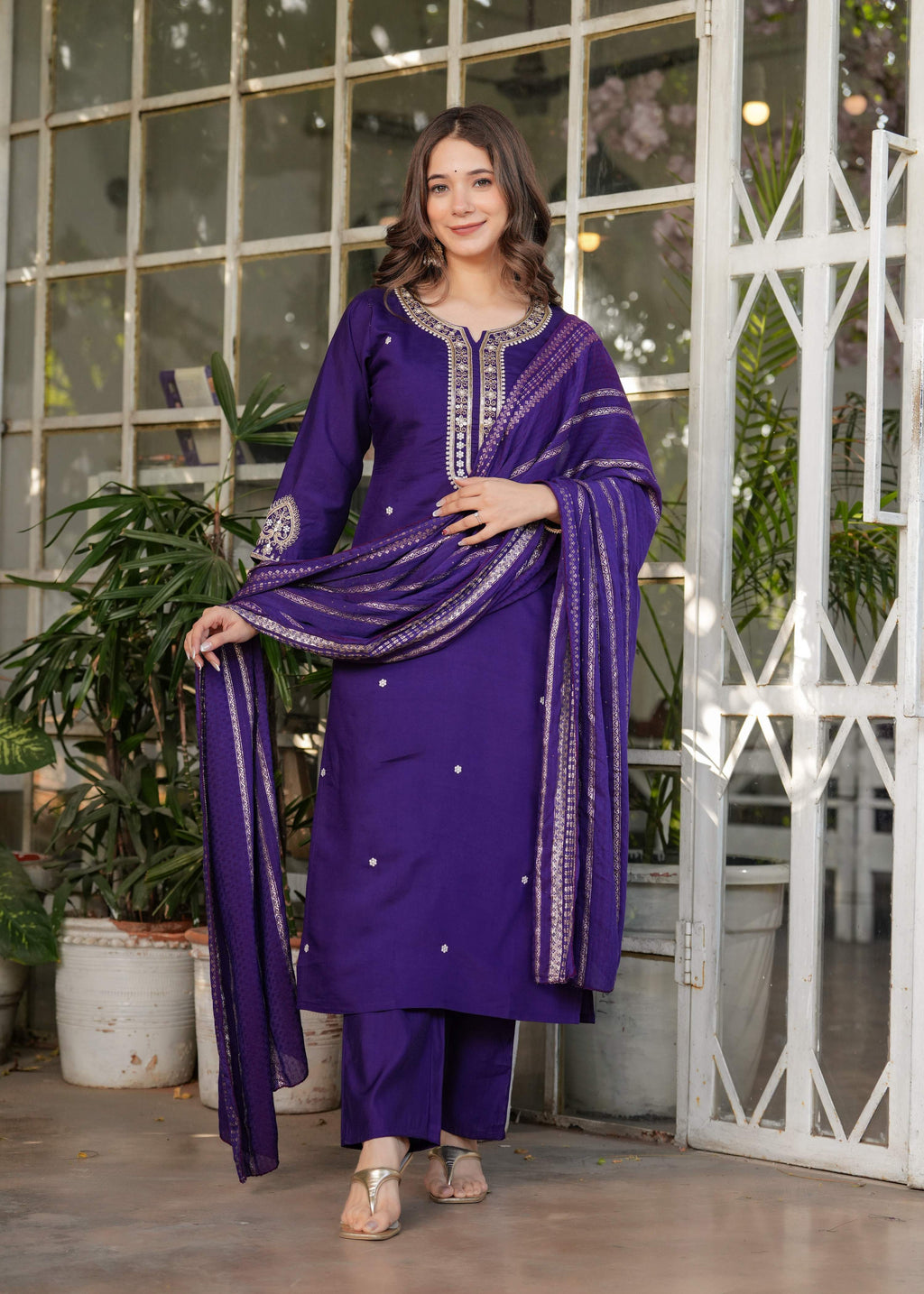 Teeya Creation Purple Color Viscose Chanderi Embroidery Work Fully Stitched Kurti Set | Grocsy