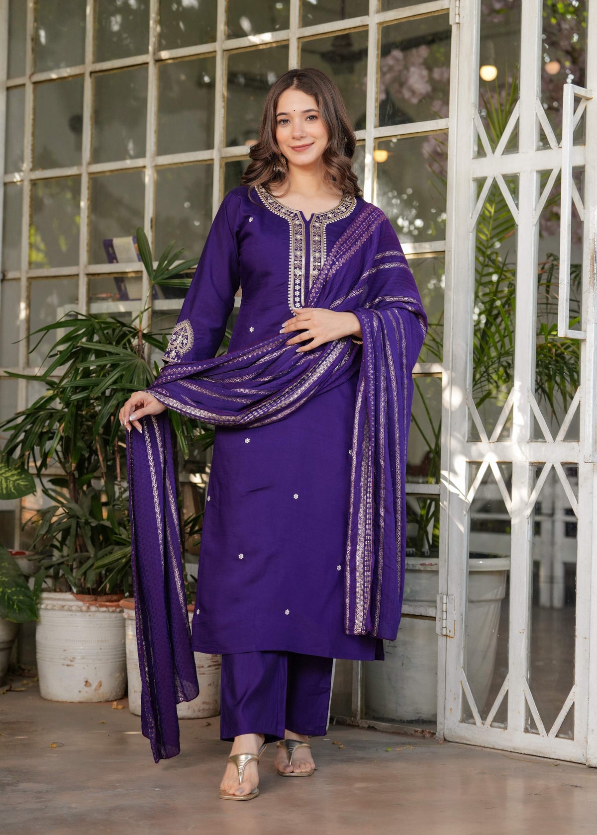 Teeya Creation Purple Color Viscose Chanderi Embroidery Work Fully Stitched Kurti Set | Grocsy