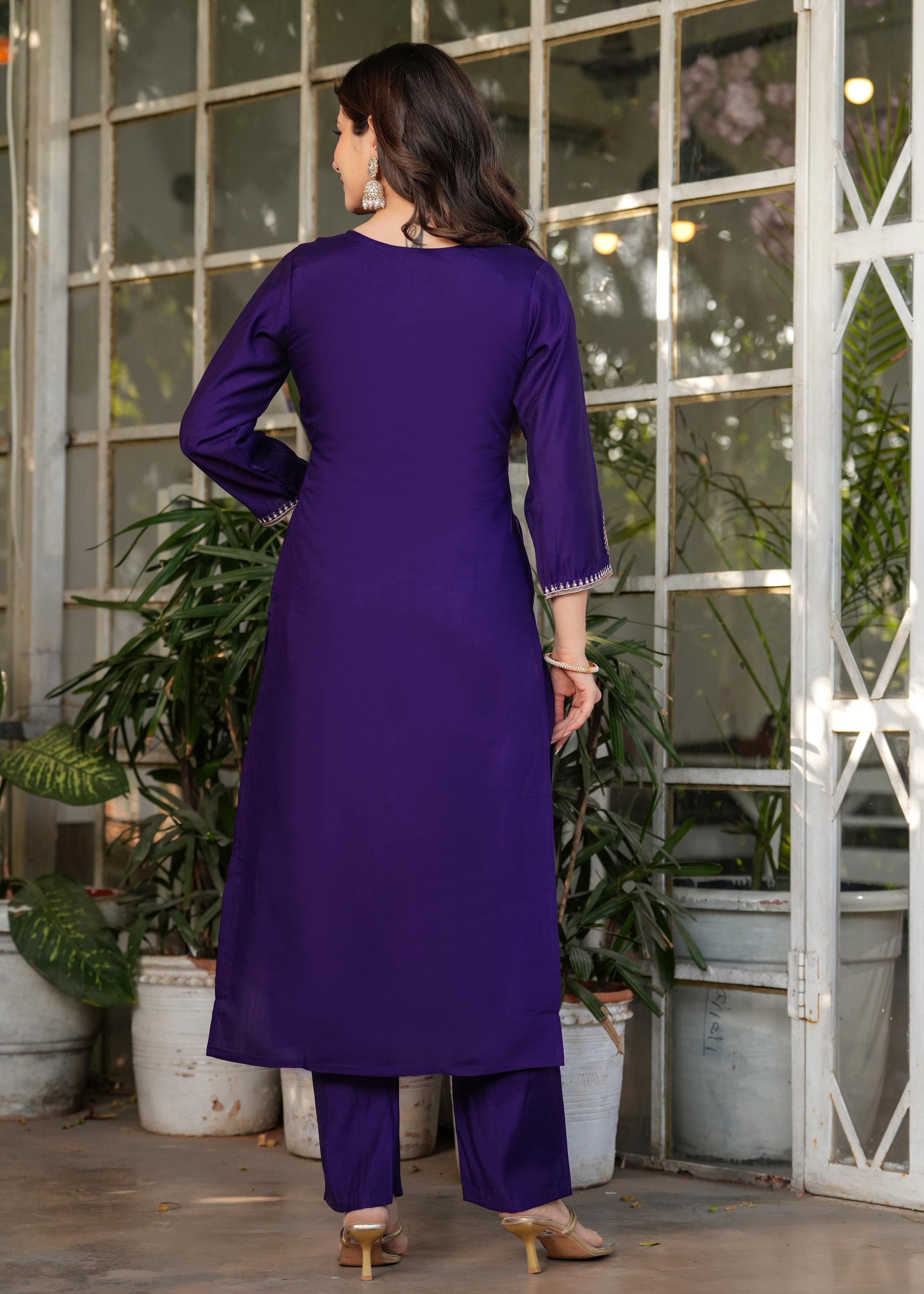 Teeya Creation Purple Color Viscose Chanderi Embroidery Work Fully Stitched Kurti Set | Grocsy