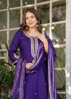 Teeya Creation Purple Color Viscose Chanderi Embroidery Work Fully Stitched Kurti Set | Grocsy