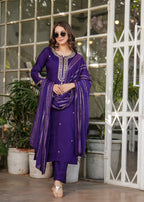 Teeya Creation Purple Color Viscose Chanderi Embroidery Work Fully Stitched Kurti Set | Grocsy