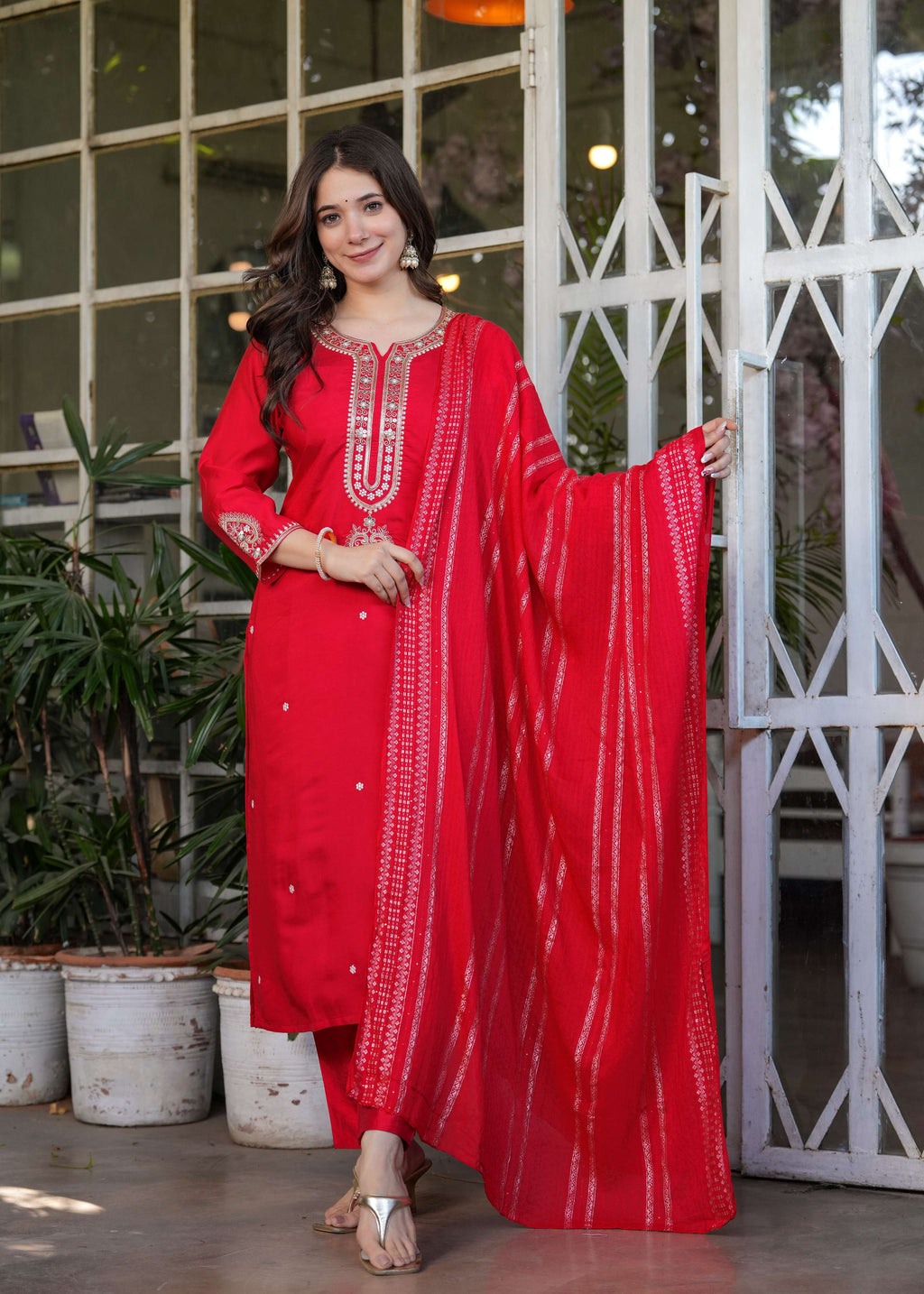 Teeya Creation Red Color Viscose Chanderi Embroidery Work Fully Stitched Kurti Set | Grocsy