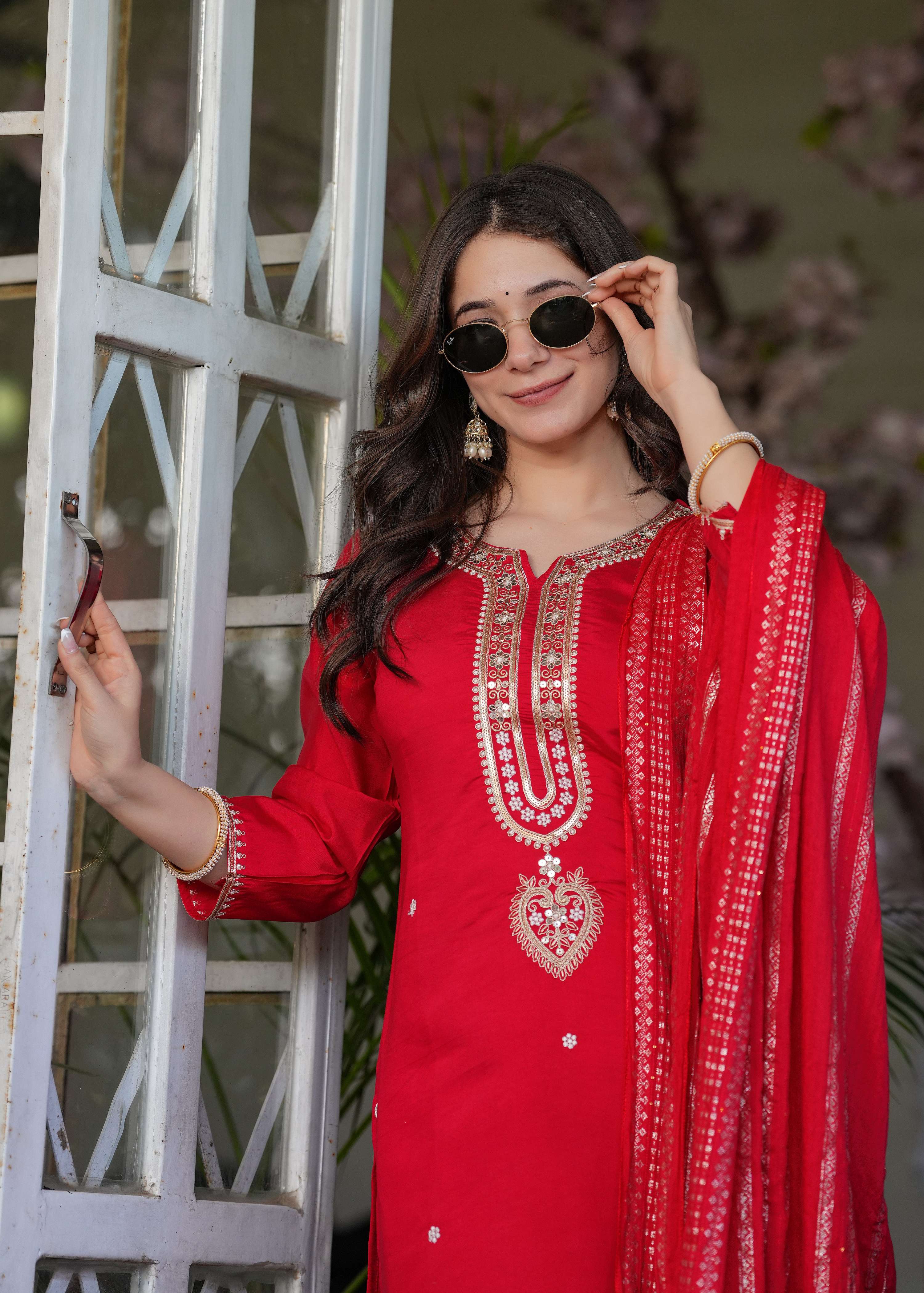 Teeya Creation Red Color Viscose Chanderi Embroidery Work Fully Stitched Kurti Set | Grocsy