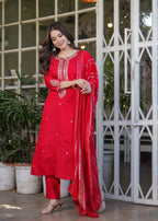 The52 Beautiful Embroidered Viscose Chanderi Fabric Straight Kurta, Pant and Dupatta Set | Grocsy