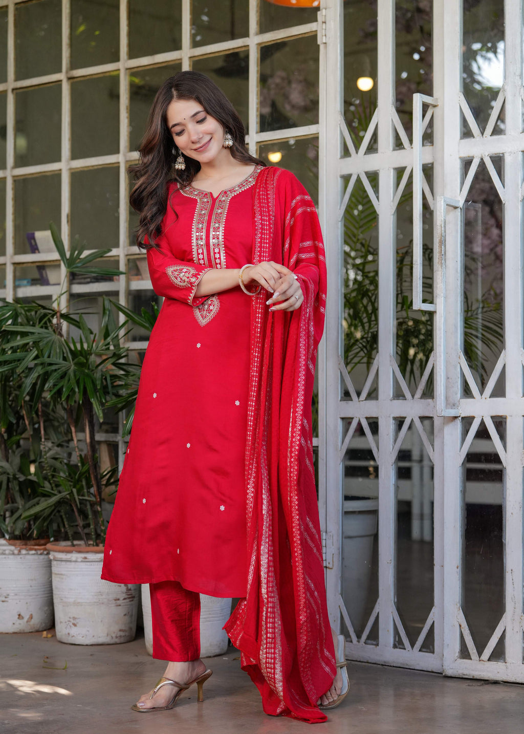 Teeya Creation Red Color Viscose Chanderi Embroidery Work Fully Stitched Kurti Set | Grocsy