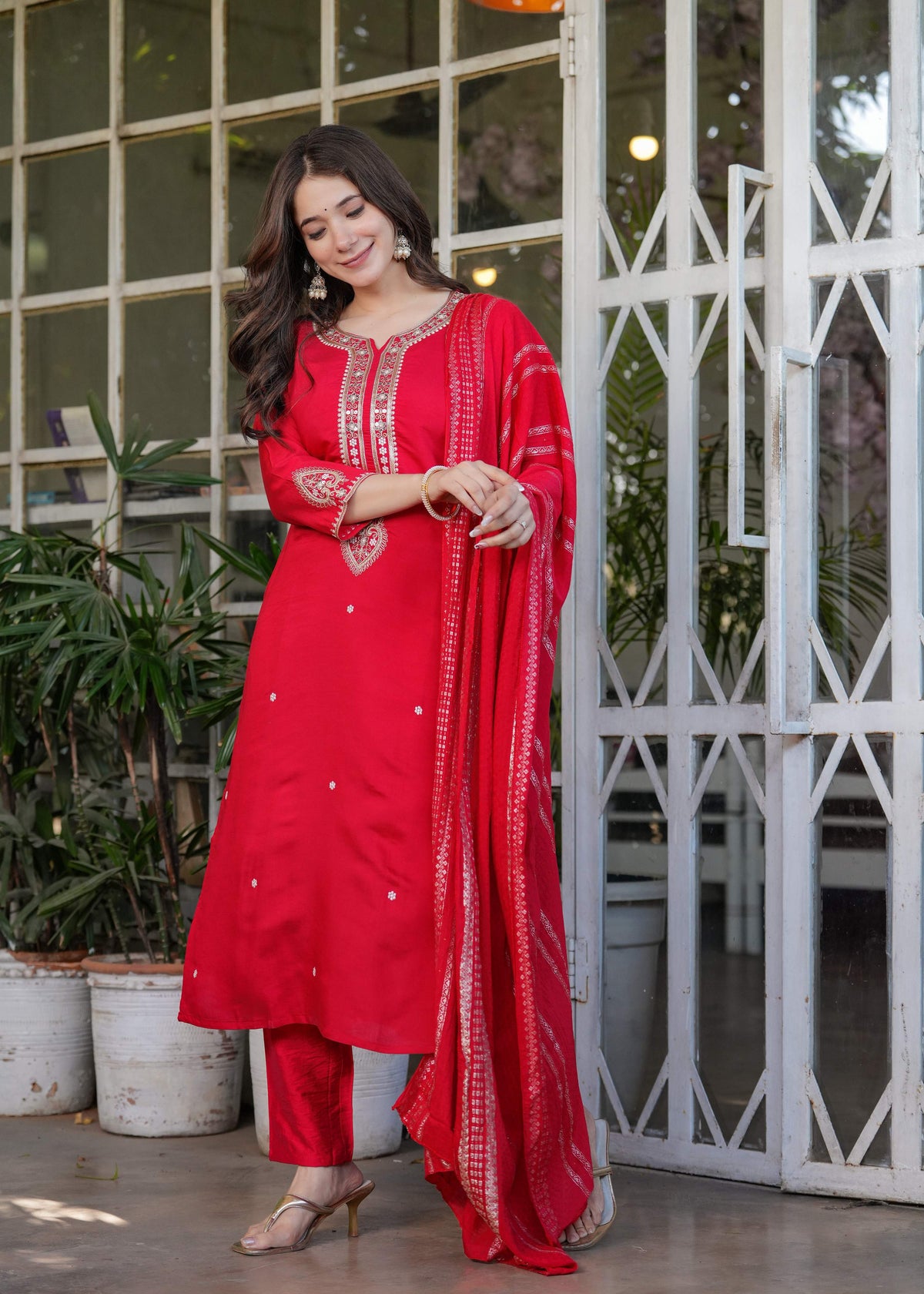 Teeya Creation Red Color Viscose Chanderi Embroidery Work Fully Stitched Kurti Set | Grocsy