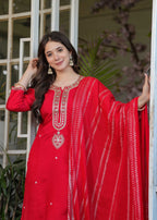 The52 Beautiful Embroidered Viscose Chanderi Fabric Straight Kurta, Pant and Dupatta Set | Grocsy