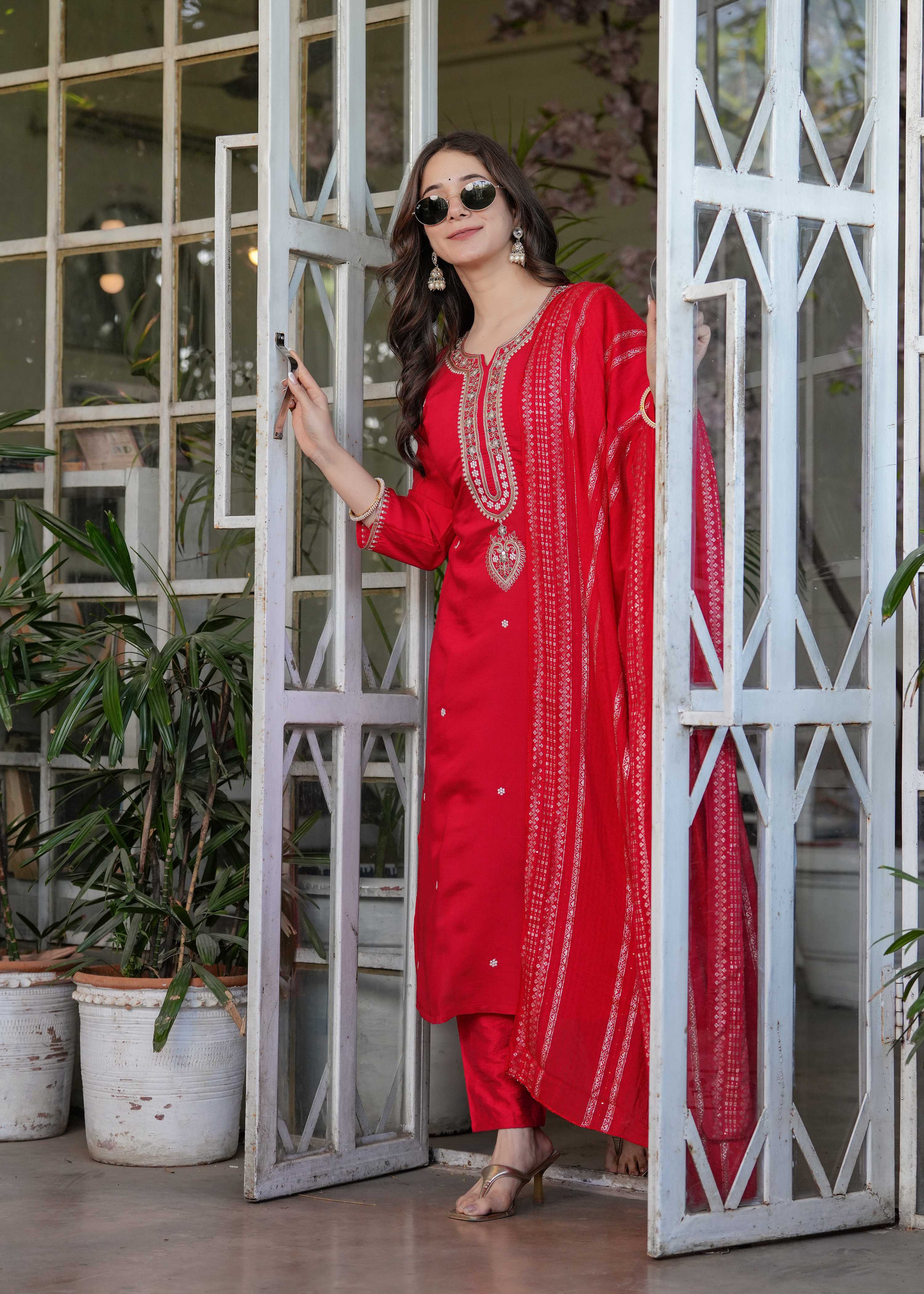 Teeya Creation Red Color Viscose Chanderi Embroidery Work Fully Stitched Kurti Set | Grocsy