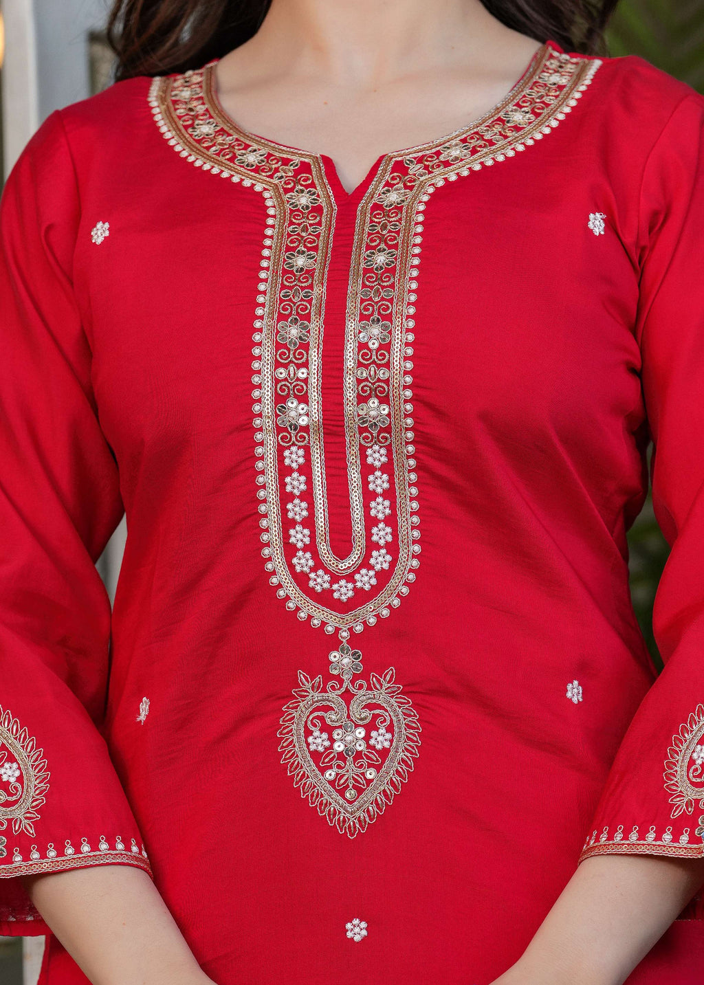 The52 Beautiful Embroidered Viscose Chanderi Fabric Straight Kurta, Pant and Dupatta Set | Grocsy