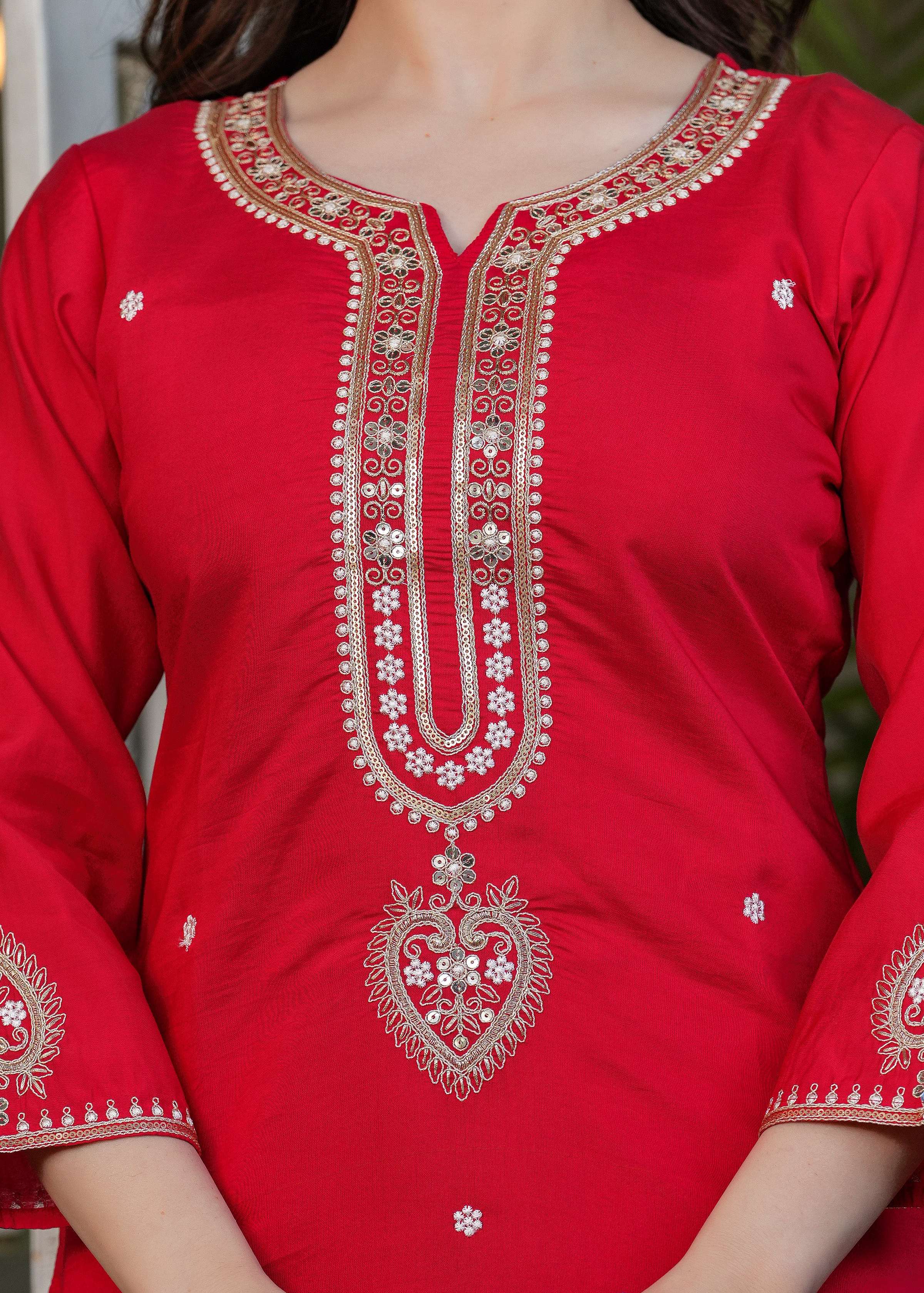 The52 Beautiful Embroidered Viscose Chanderi Fabric Straight Kurta, Pant and Dupatta Set | Grocsy