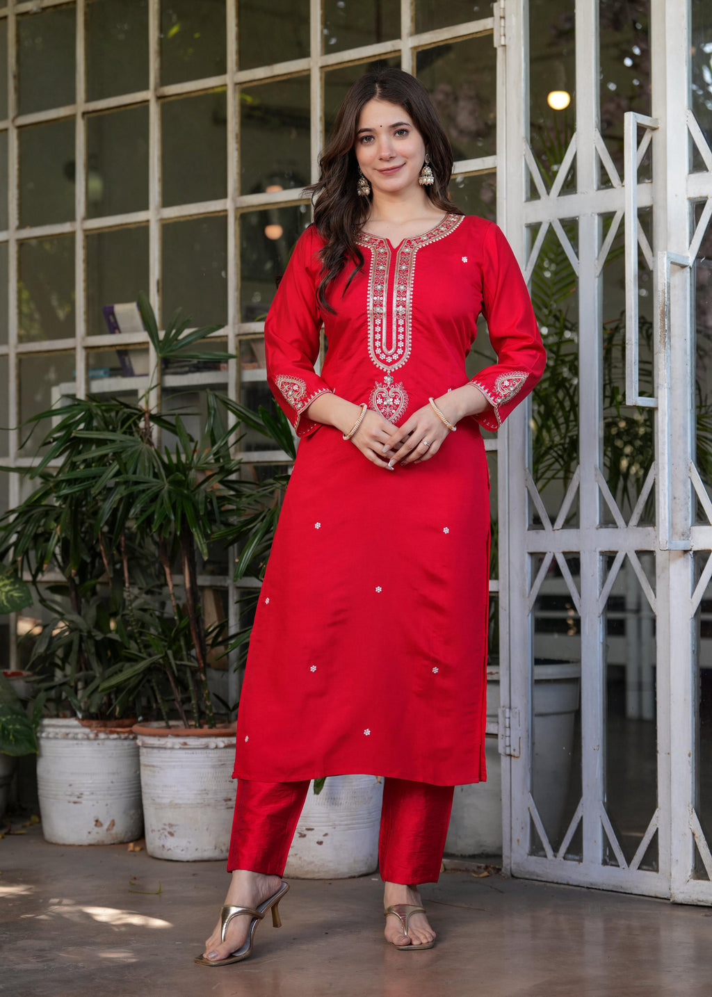 The52 Beautiful Embroidered Viscose Chanderi Fabric Straight Kurta, Pant and Dupatta Set | Grocsy