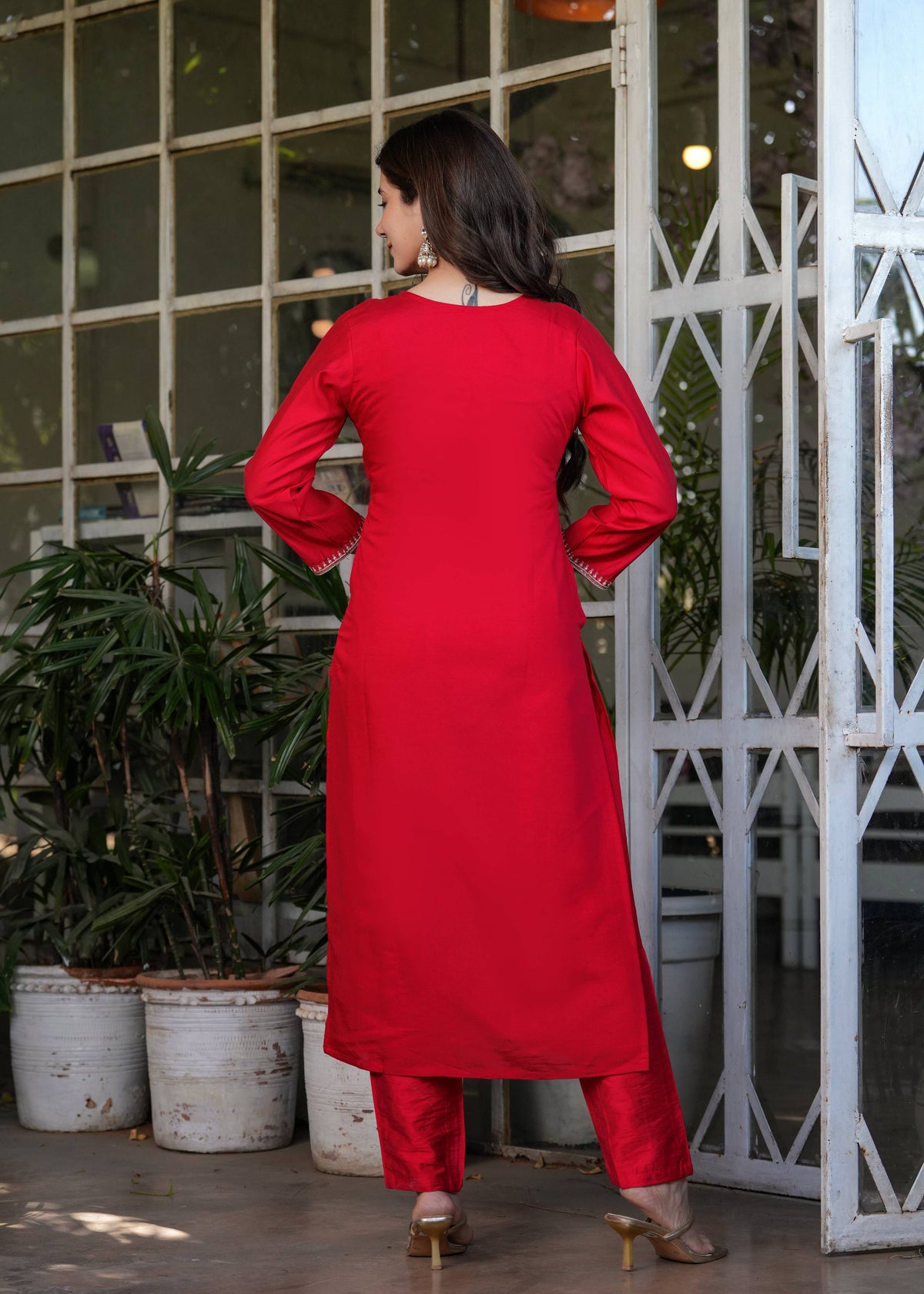 Teeya Creation Red Color Viscose Chanderi Embroidery Work Fully Stitched Kurti Set | Grocsy