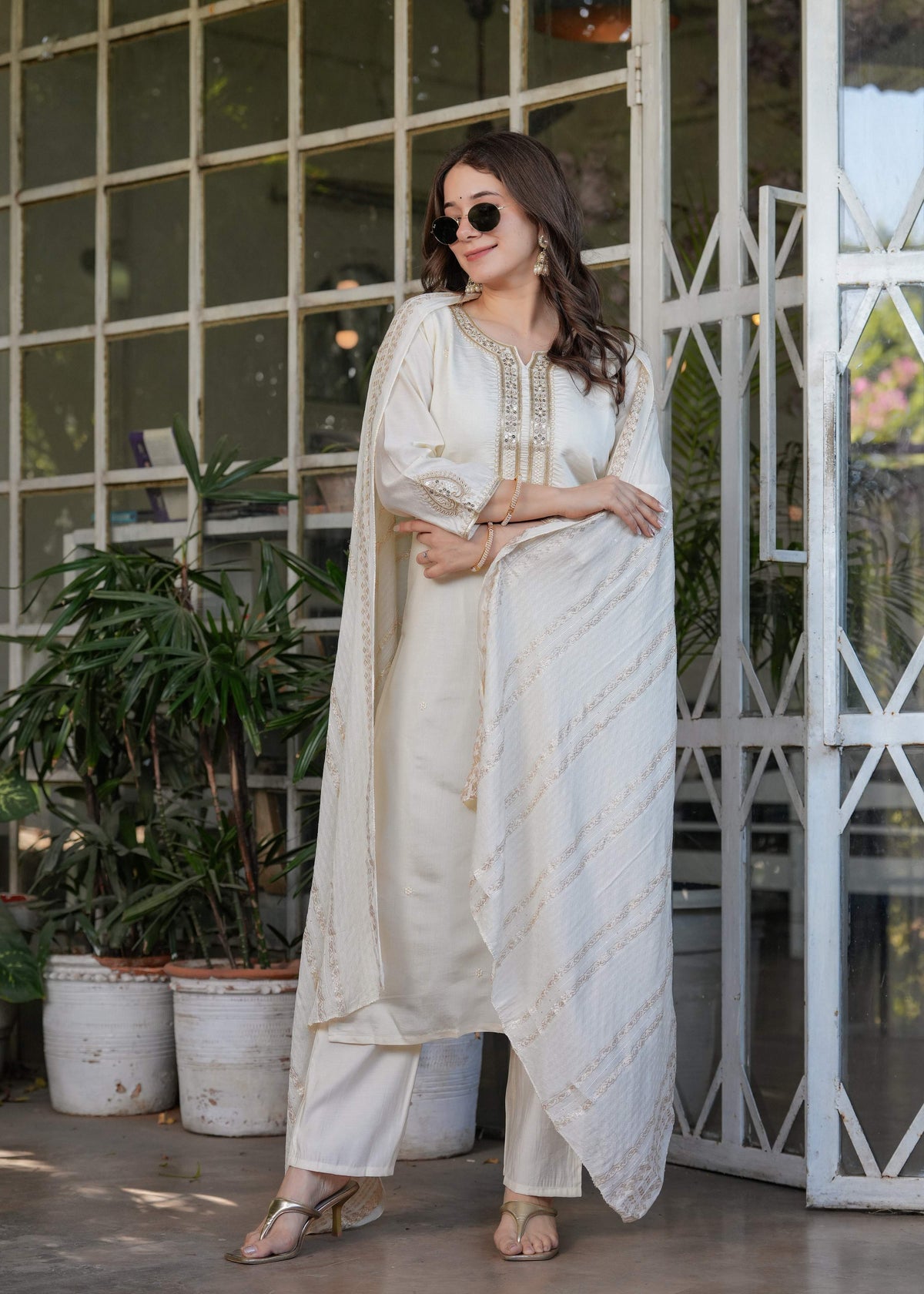 Teeya Creation White Color Viscose Chanderi Embroidery Work Fully Stitched Kurti Set | Grocsy