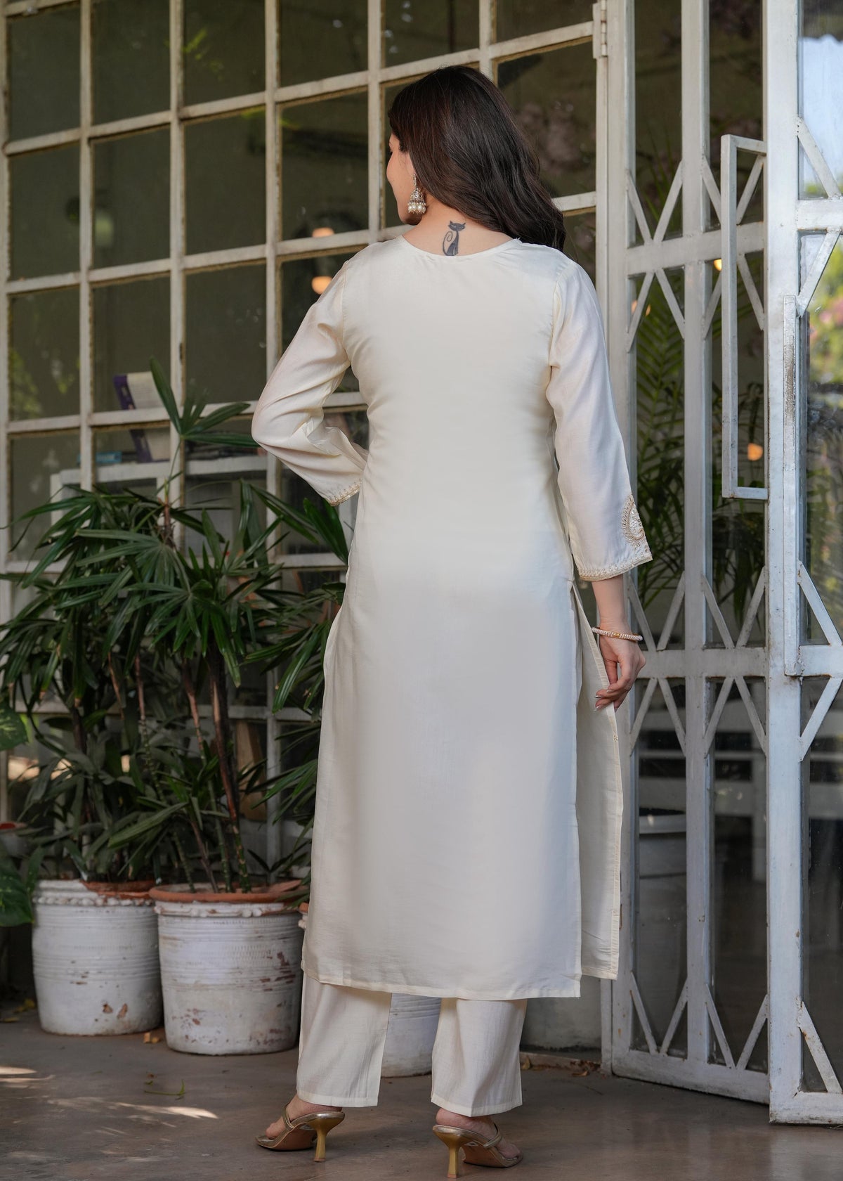 Teeya Creation White Color Viscose Chanderi Embroidery Work Fully Stitched Kurti Set | Grocsy