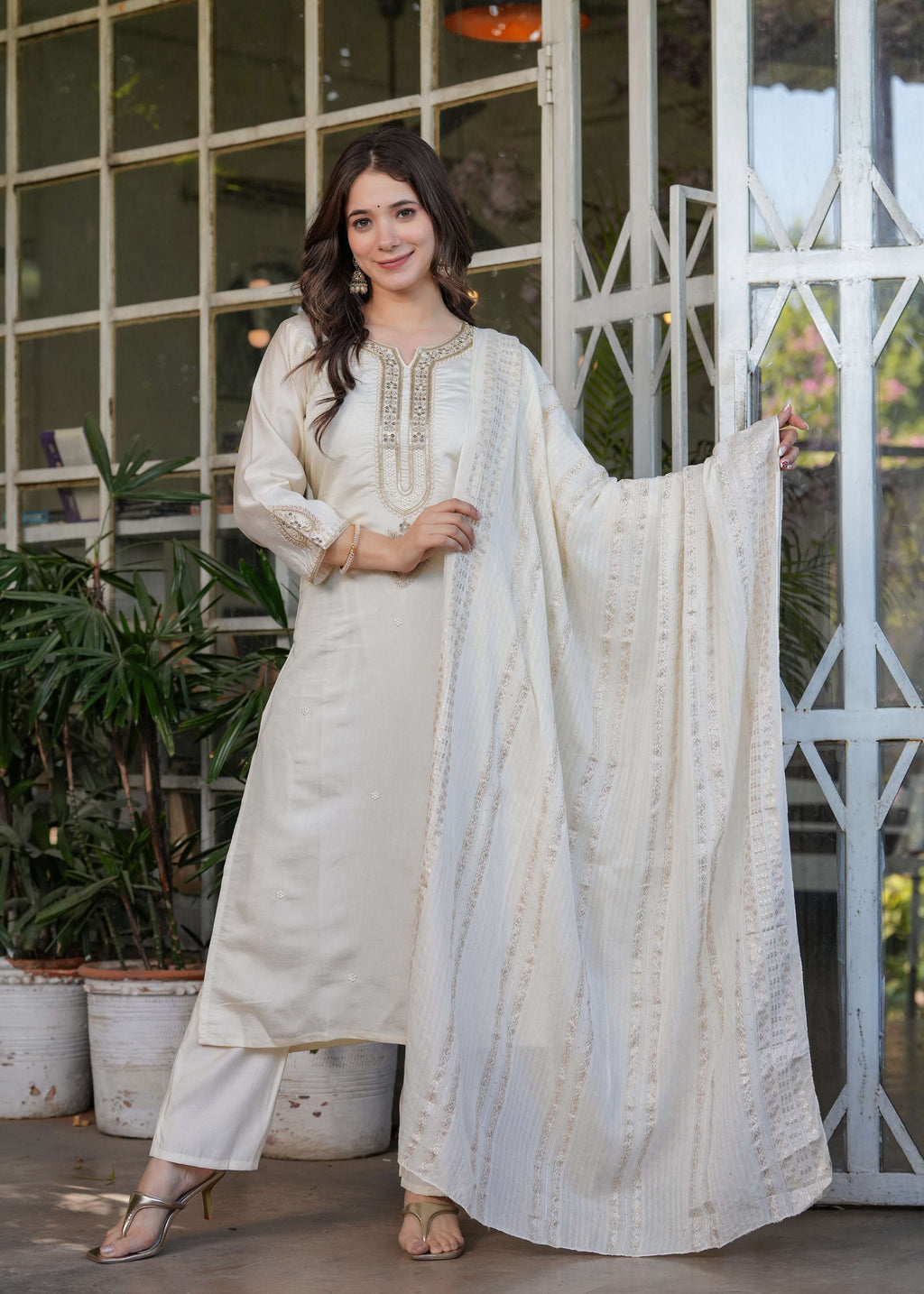 Teeya Creation White Color Viscose Chanderi Embroidery Work Fully Stitched Kurti Set | Grocsy
