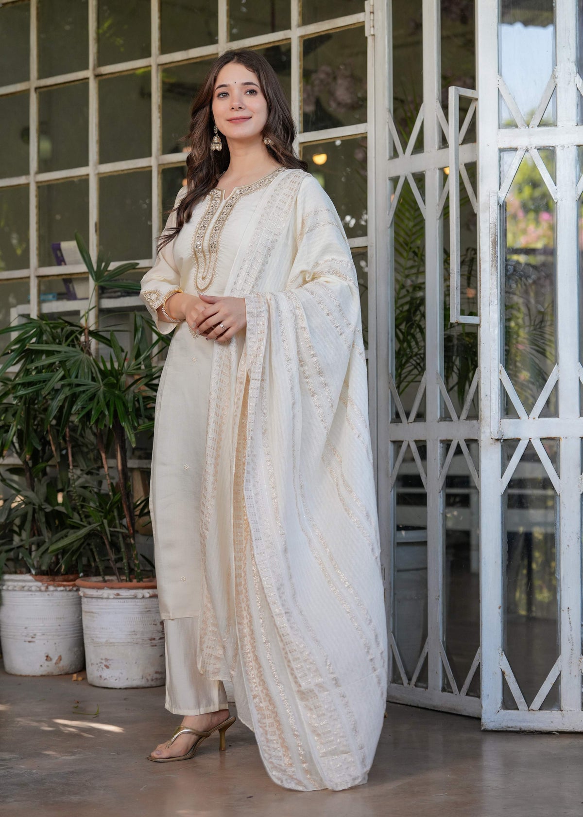 Teeya Creation White Color Viscose Chanderi Embroidery Work Fully Stitched Kurti Set | Grocsy